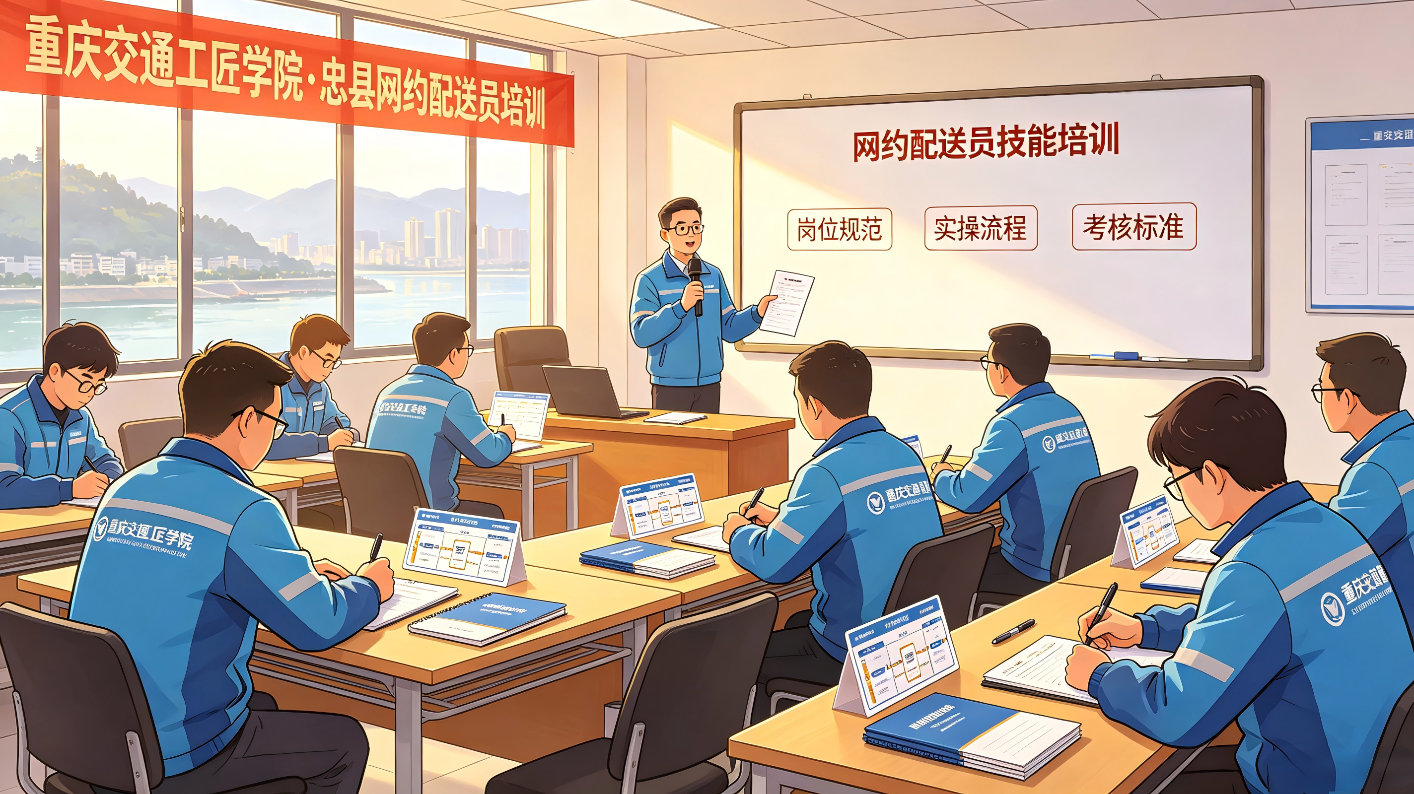 应忠县工会邀请，我校（重庆交通工匠学院）教师团队近日到忠县开展为期两天的网约配送员技能培训。